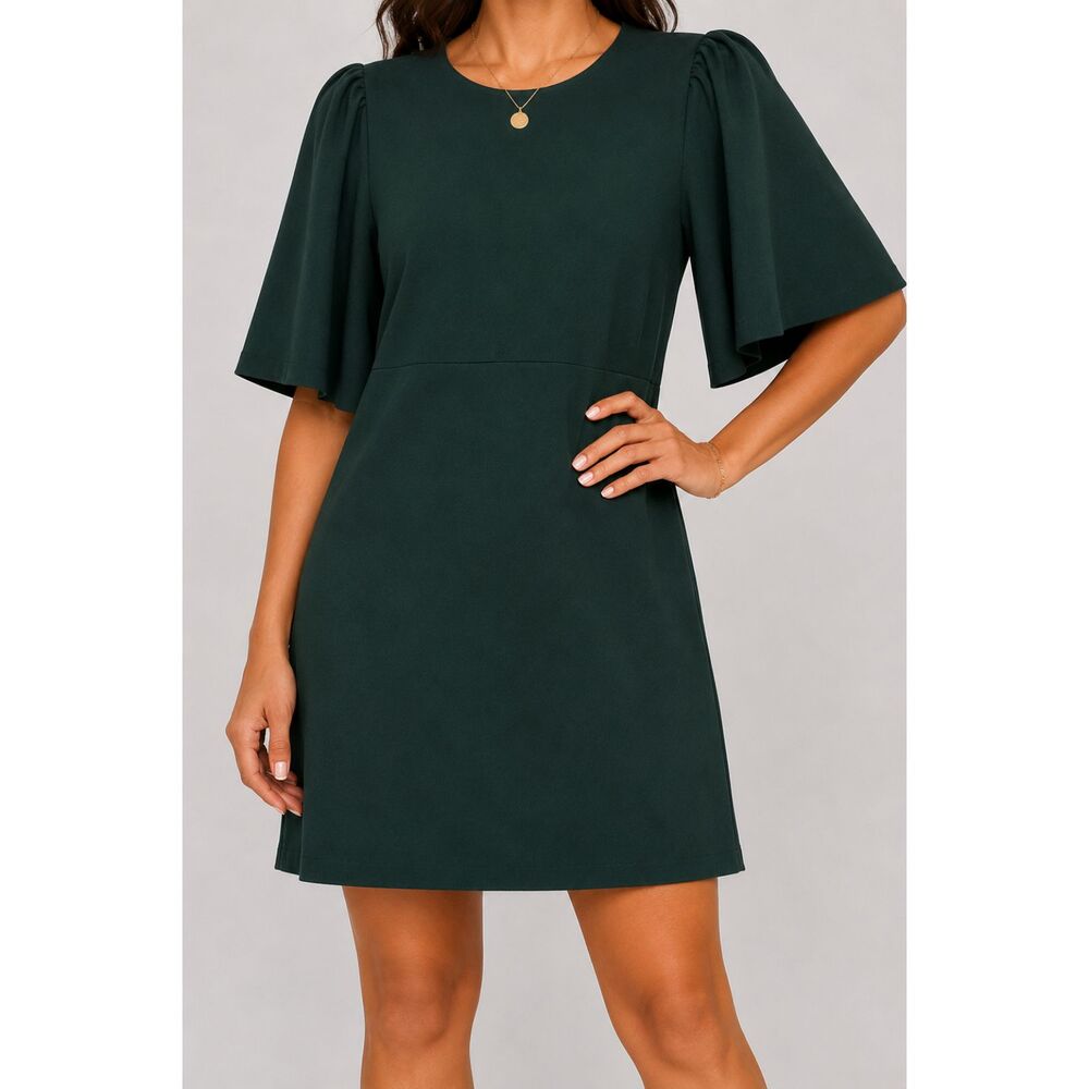 Zara Trafaluc Women M Forest Green Shift Dress Flutter Sleeve Gold Zip Lined